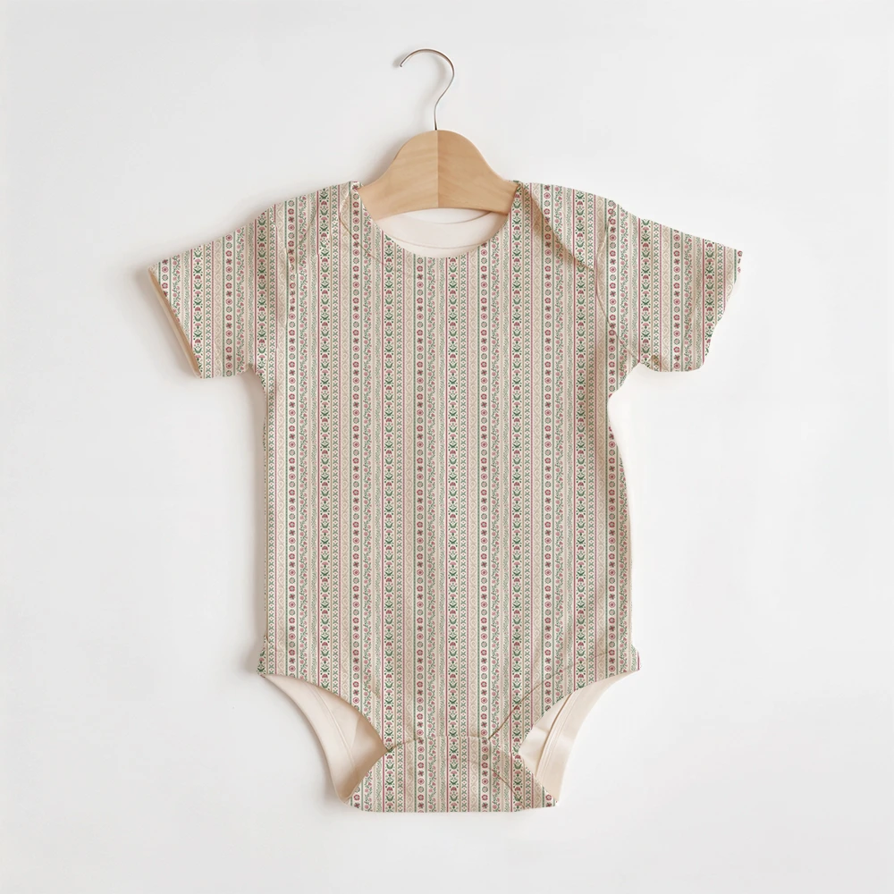 Summer Baby/Toddler Short-Sleeve Romper With Crotch Snaps – Pink Green Meadow Floral Stripe