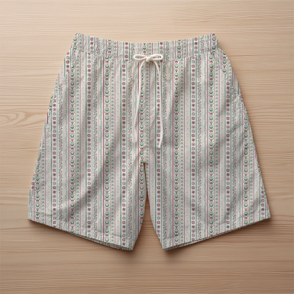 Beach Shorts – Pink Green Meadow Floral Stripe