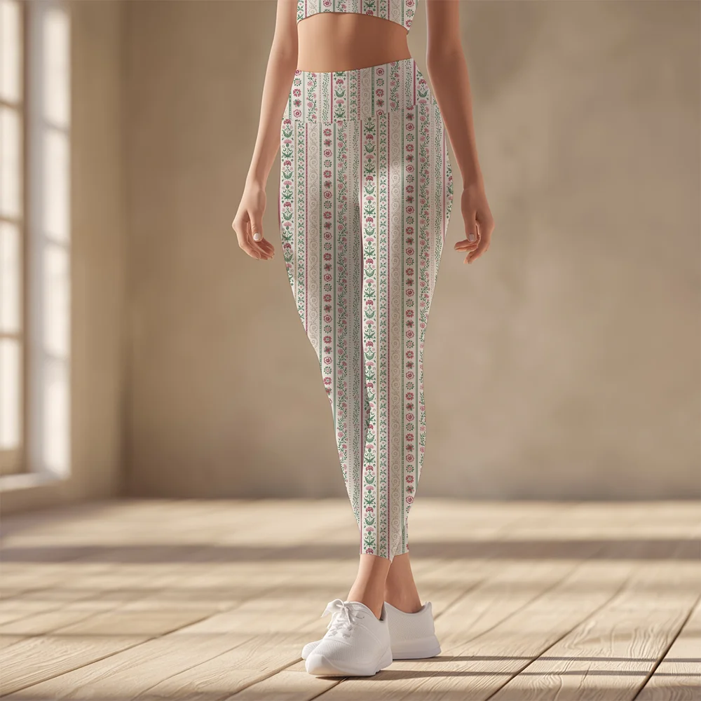 Women's Yoga Leggings – Pink Green Meadow Floral Stripe