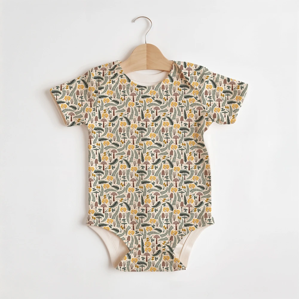 Summer Baby/Toddler Short-Sleeve Romper With Crotch Snaps – Forest Frog and Mushroom Woodland