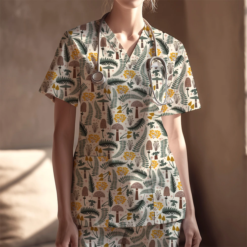 Women's Nurse Scrubs Set – Forest Frog and Mushroom Woodland