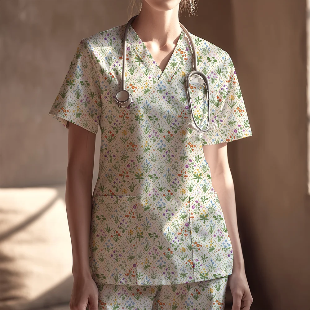 Women's Nurse Scrubs Set – Millefleurs Colorful Floral Pattern