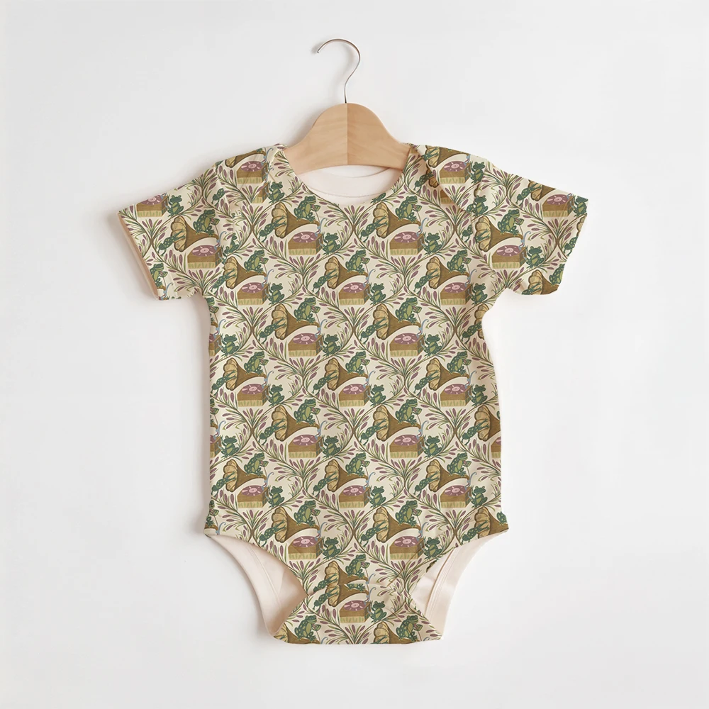 Summer Baby/Toddler Short-Sleeve Romper With Crotch Snaps – Whimsical Frog Band Cattail Meadow