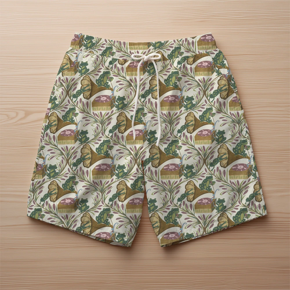 Beach Shorts – Whimsical Frog Band Cattail Meadow