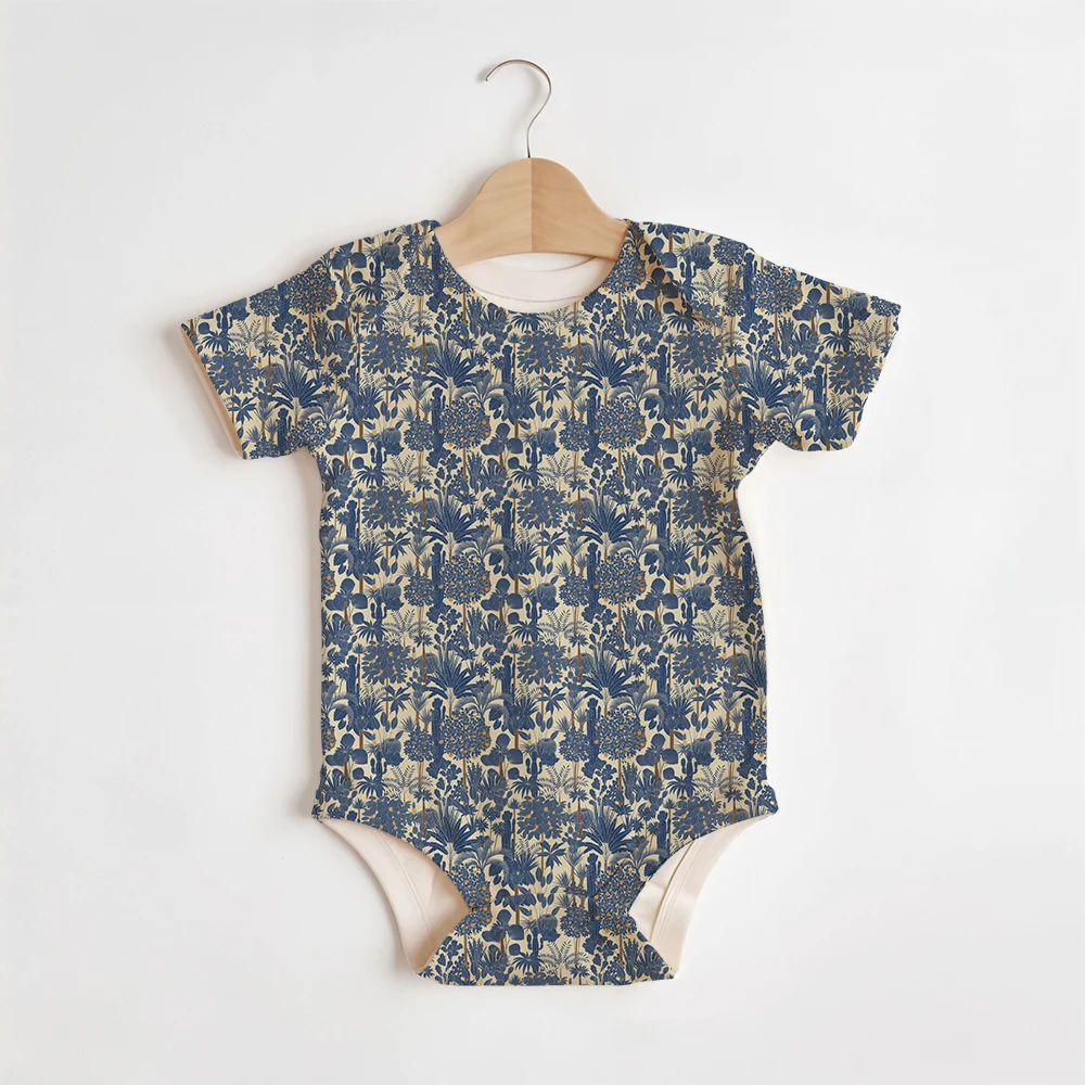 Summer Baby/Toddler Short-Sleeve Romper With Crotch Snaps – Retro Tropical Palm Oasis Vector Tree Pattern