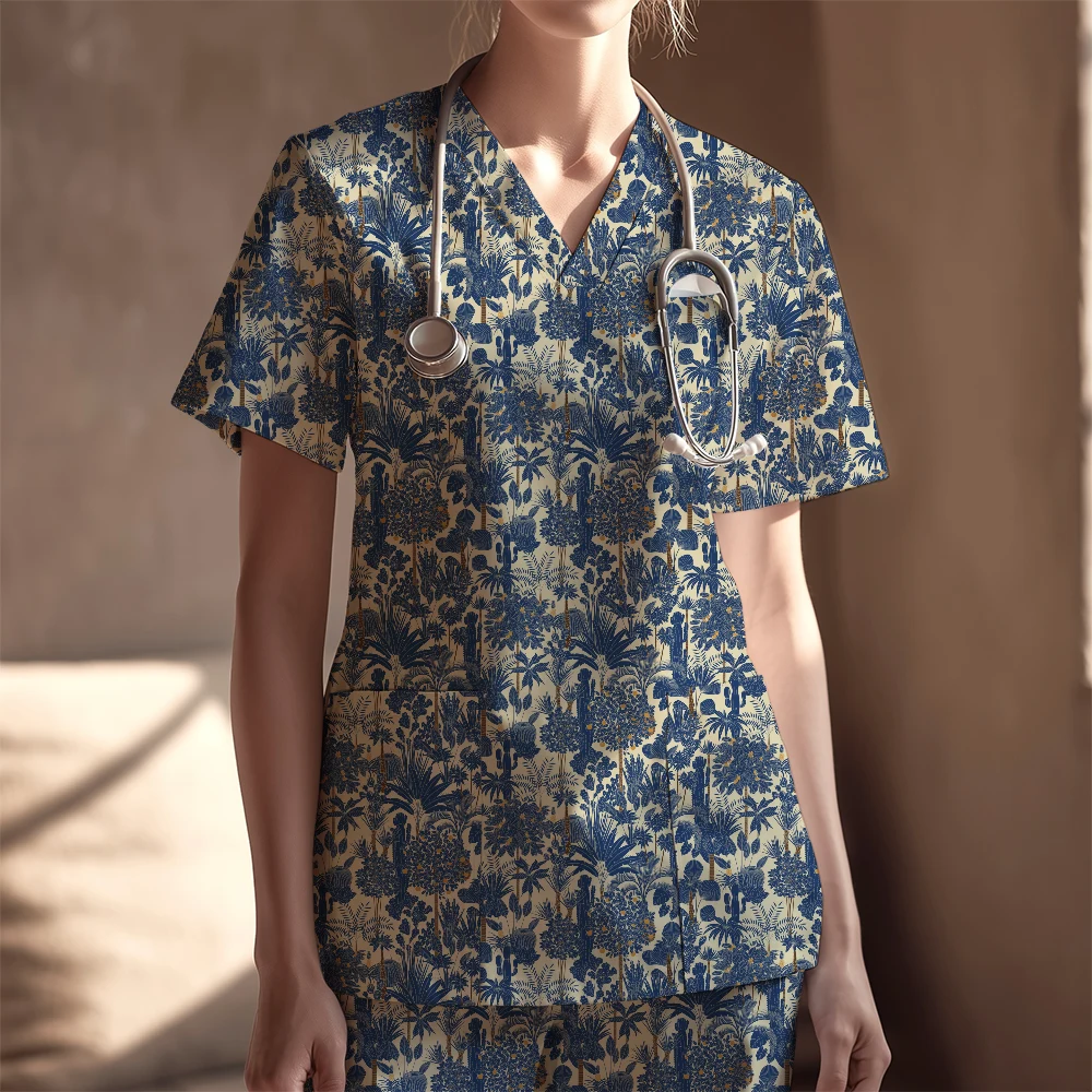 Women's Nurse Scrubs Set – Retro Tropical Palm Oasis Vector Tree Pattern