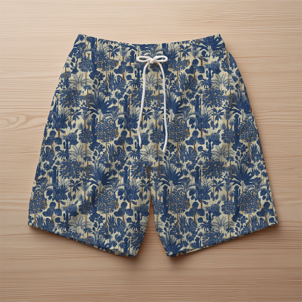 Beach Shorts – Retro Tropical Palm Oasis Vector Tree Pattern