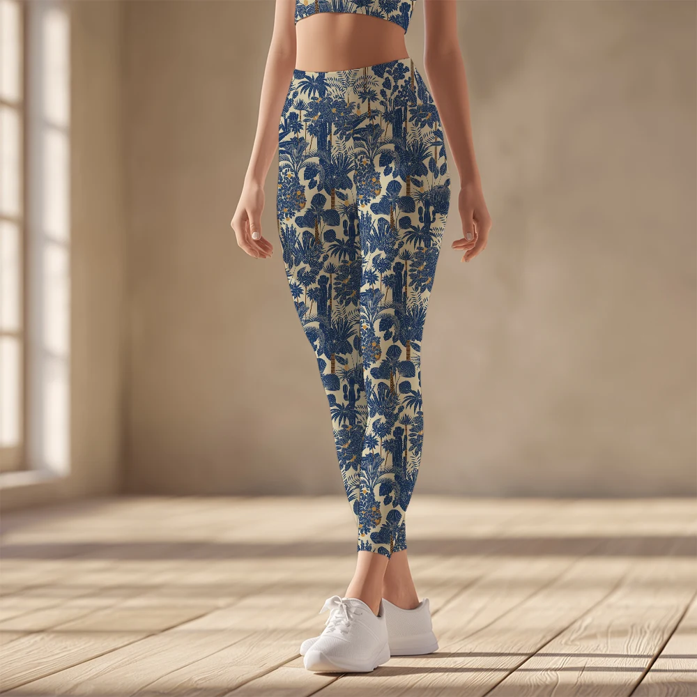 Women's Yoga Leggings – Retro Tropical Palm Oasis Vector Tree Pattern