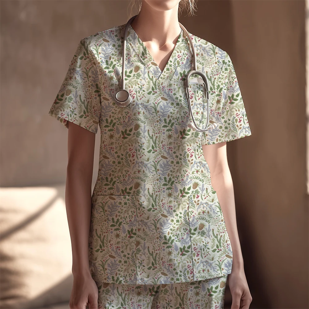Women's Nurse Scrubs Set – Vintage Christmas Botanical Winter Herbarium Print