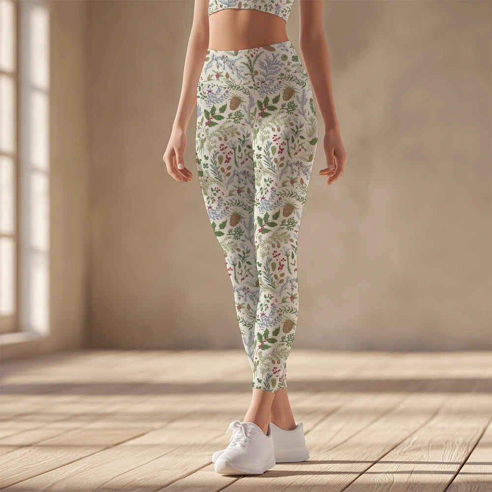 Women's Yoga Leggings – Vintage Christmas Botanical Winter Herbarium Print
