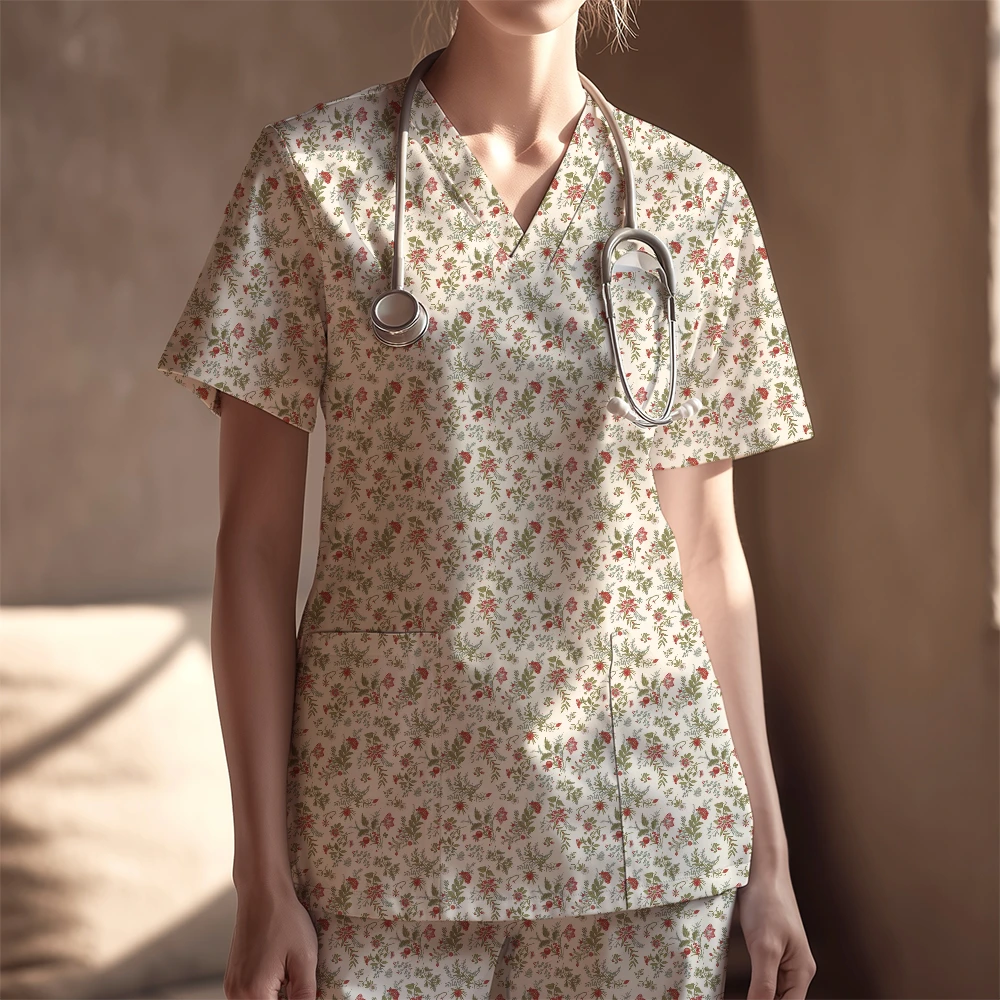 Women's Nurse Scrubs Set – Classic Crimson & Evergreen Christmas Botanical