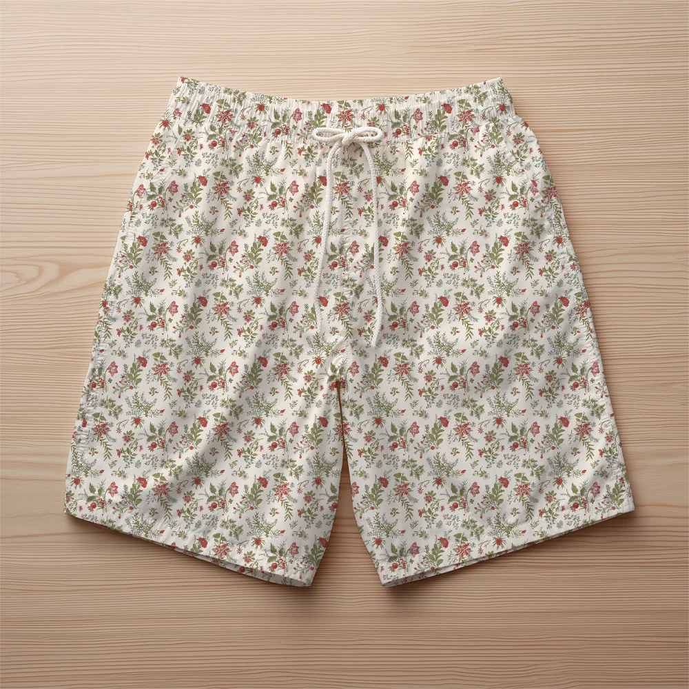 Beach Shorts – Classic Crimson & Evergreen Christmas Botanical
