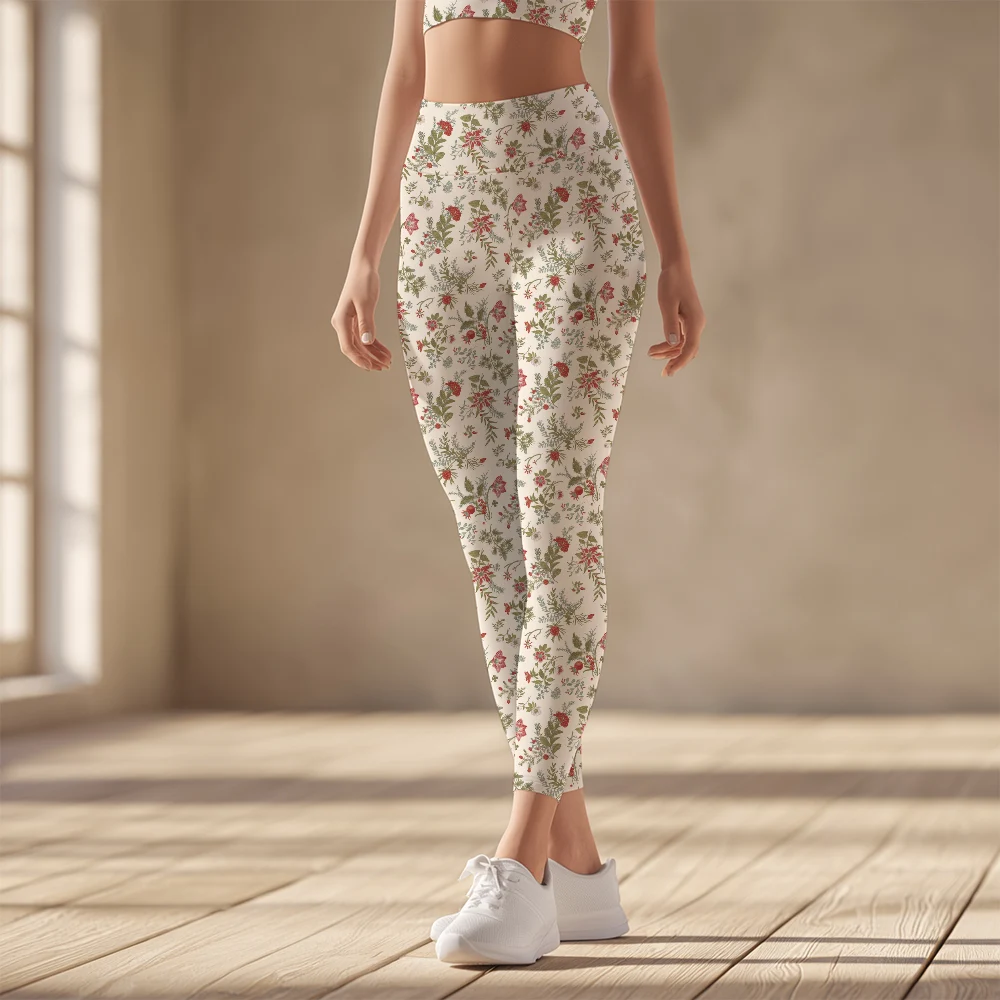 Women's Yoga Leggings – Classic Crimson & Evergreen Christmas Botanical