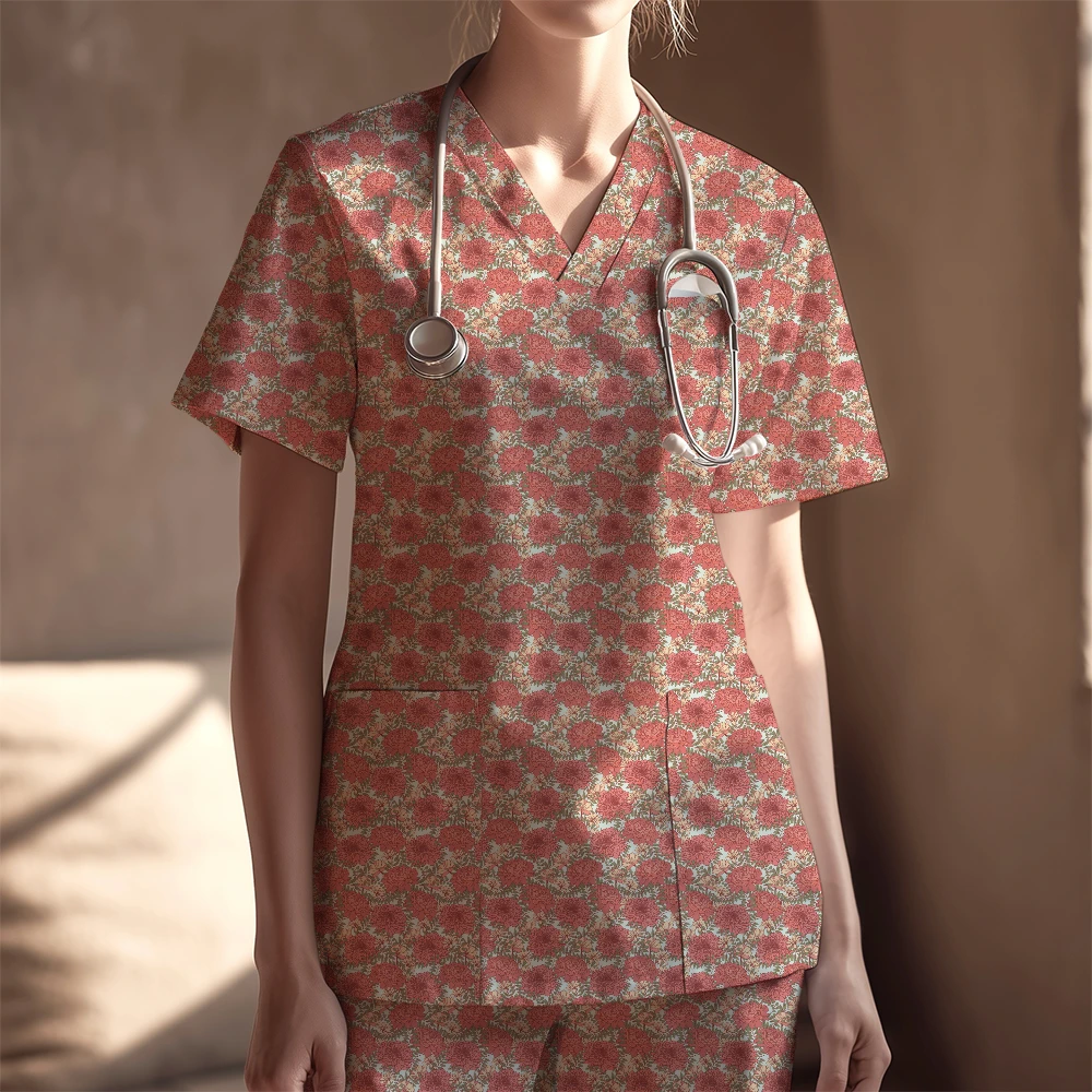 Women's Nurse Scrubs Set – Pastel Wildflower and Herb Meadow Pattern
