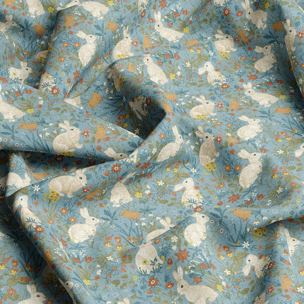 Vintage White Bunny Blue Floral – Custom Print Fabrics