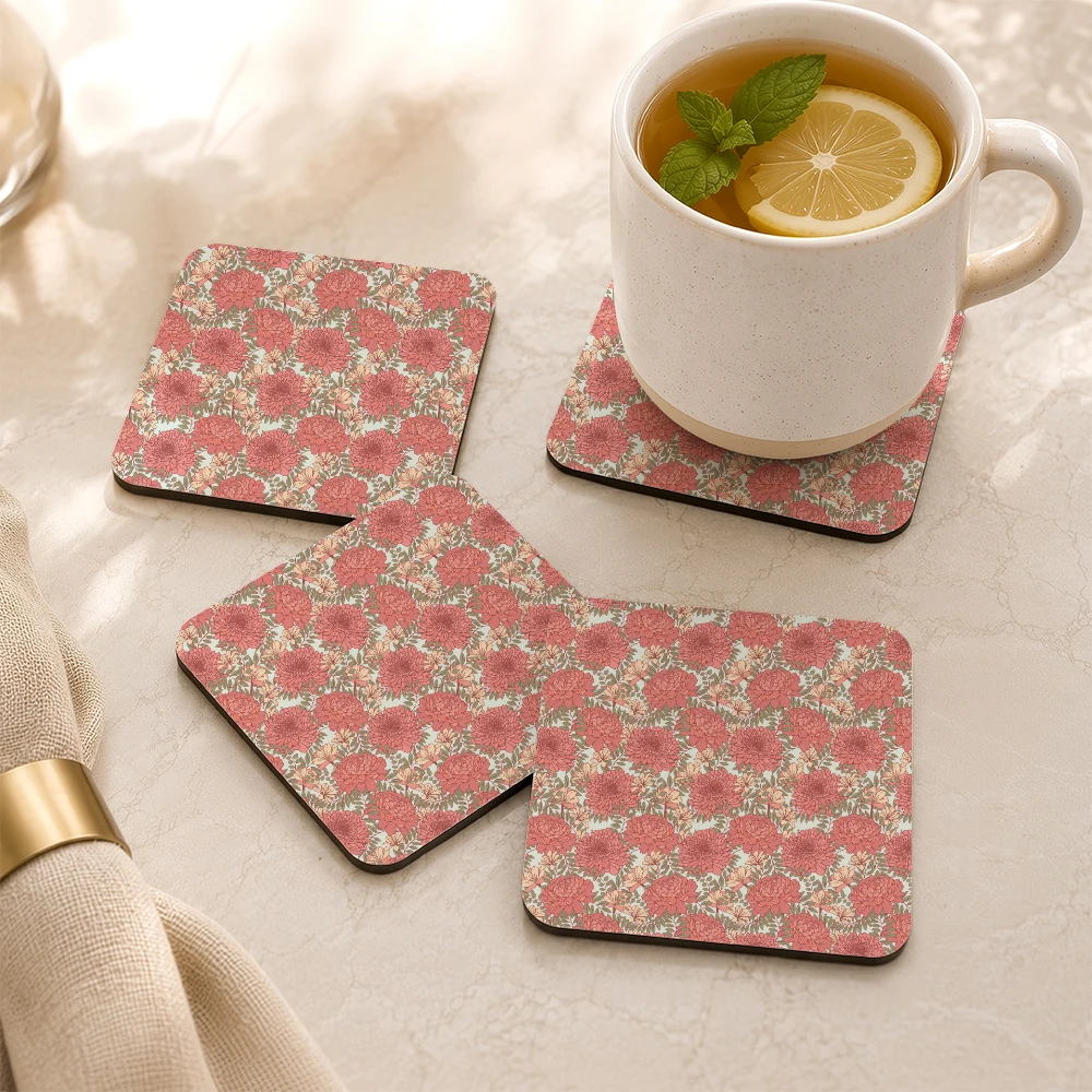 PU Leather Coaster – Pastel Wildflower and Herb Meadow Pattern