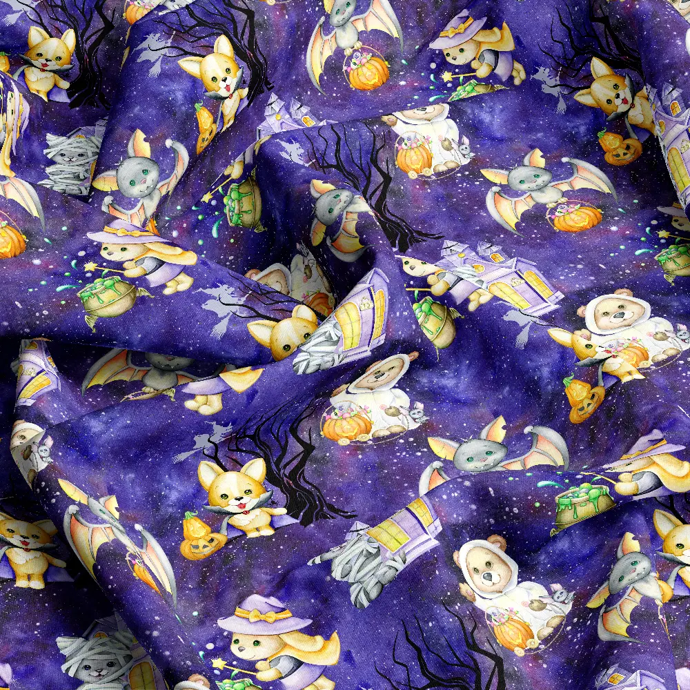 Watercolor Halloween Costumed Animals Pattern – Custom Print Fabrics