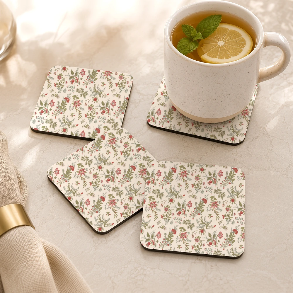 PU Leather Coaster – Classic Crimson & Evergreen Christmas Botanical