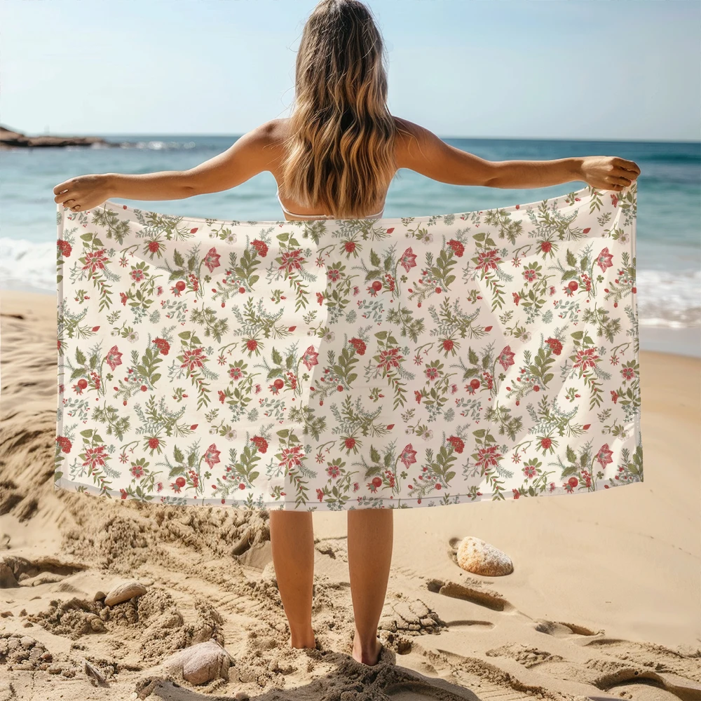 Beach Towel – Classic Crimson & Evergreen Christmas Botanical