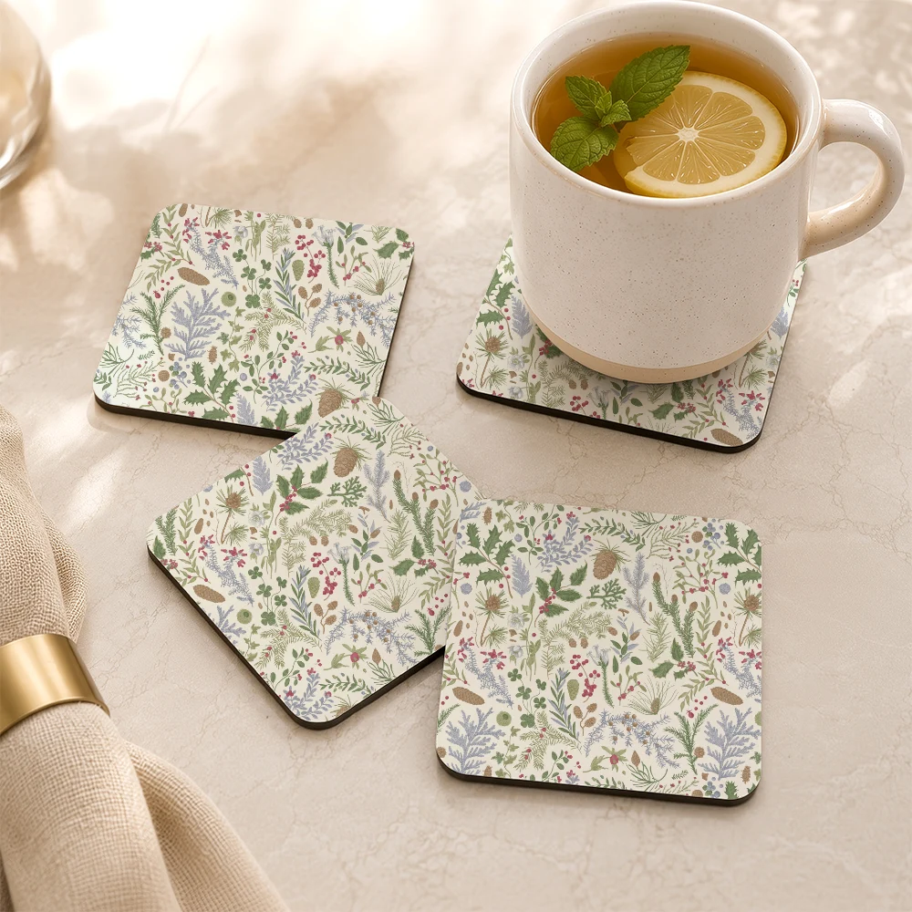 PU Leather Coaster – Vintage Christmas Botanical Winter Herbarium Print