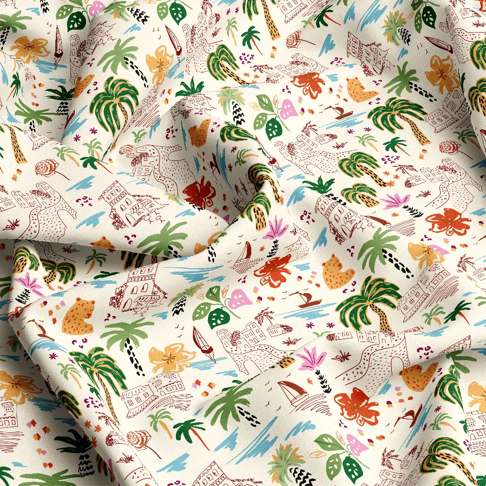Tropical Coastal Summer Sketch Pattern – Custom Print Fabrics)