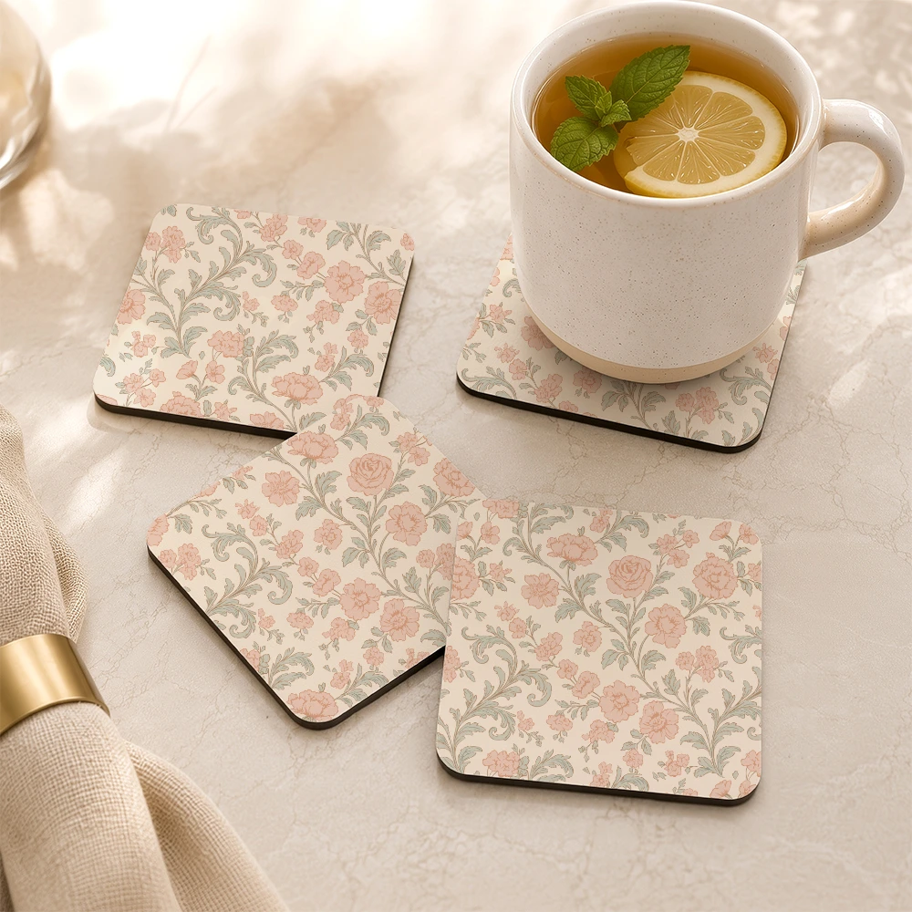 PU Leather Coaster – Pastel Toile de Jouy Vintage Vector Floral Pattern