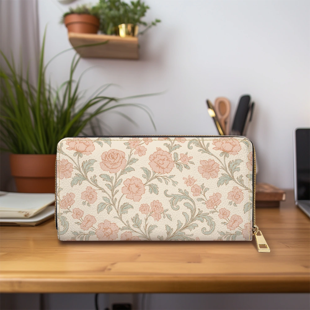 Zipper Long Clutch Wallet – Pastel Toile de Jouy Vintage Vector Floral Pattern