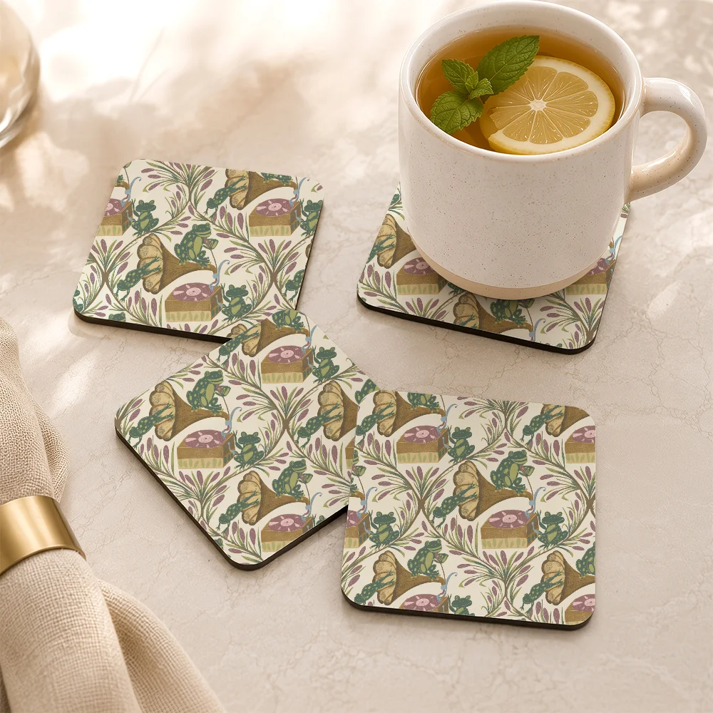 PU Leather Coaster – Whimsical Frog Band Cattail Meadow