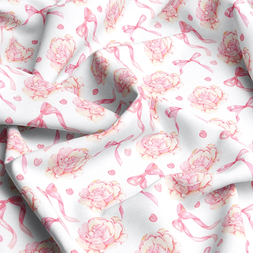 Light Red Bow & Flower Watercolor Pattern – Custom Print Fabrics