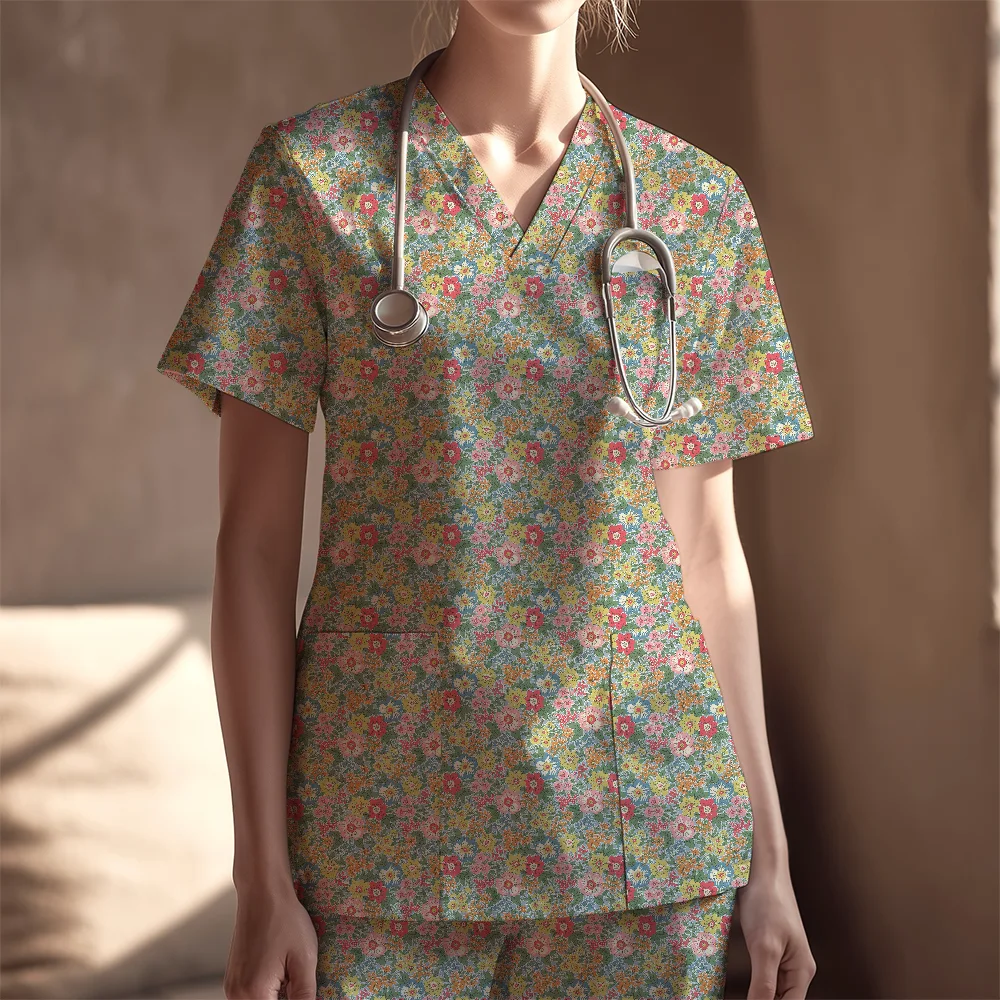 Women's Nurse Scrubs Set – Vintage Ditsy Pastel Flowers on Blue Background