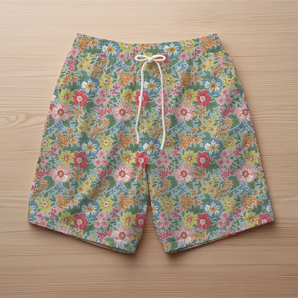 Beach Shorts – Vintage Ditsy Pastel Flowers on Blue Background