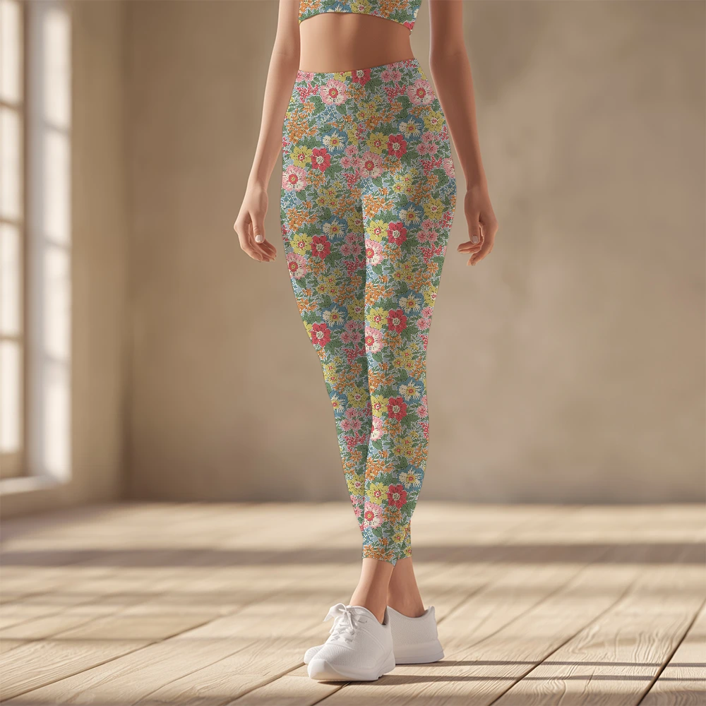 Women's Yoga Leggings – Vintage Ditsy Pastel Flowers on Blue Background