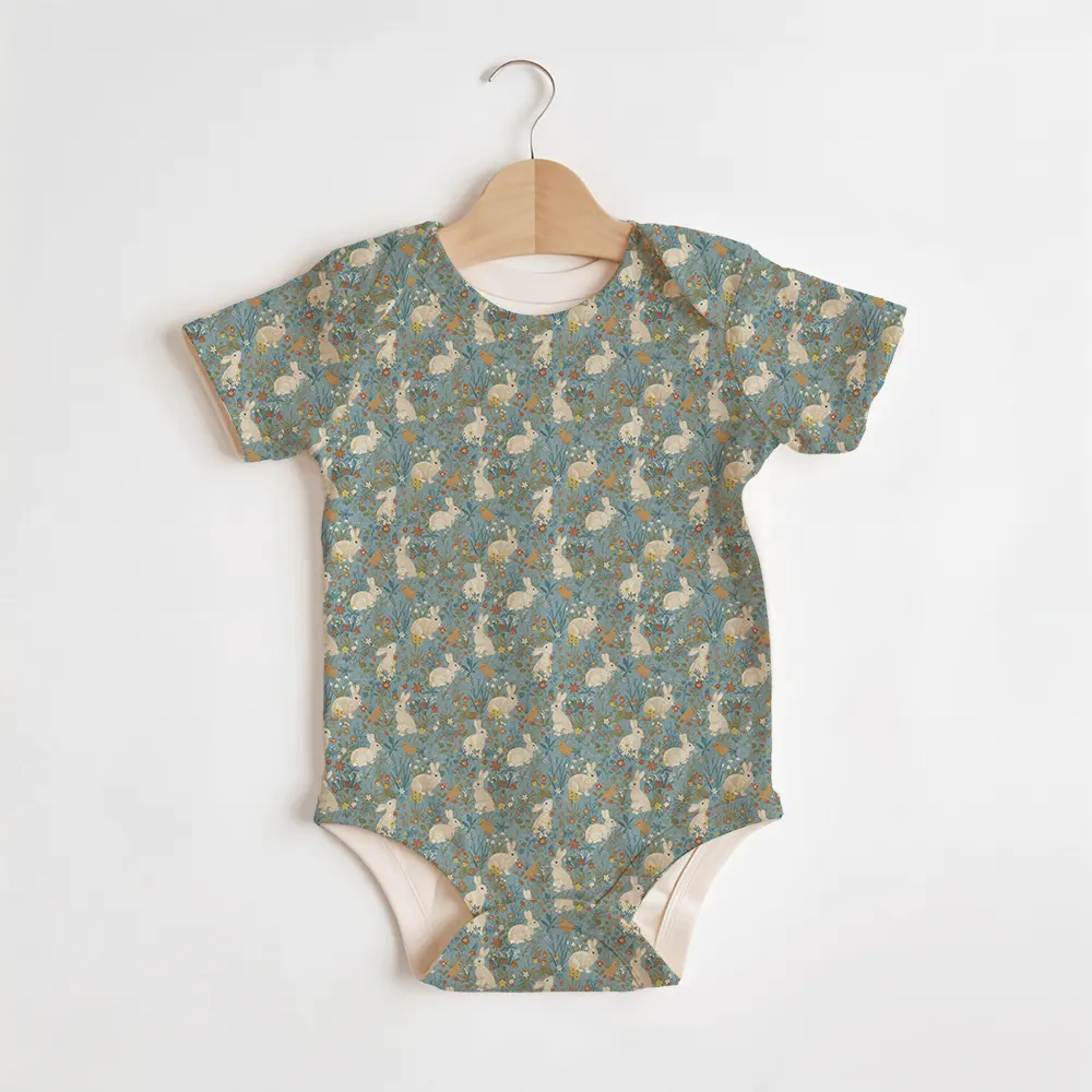 Summer Baby/Toddler Short-Sleeve Romper With Crotch Snaps – Vintage White Bunny Blue Floral
