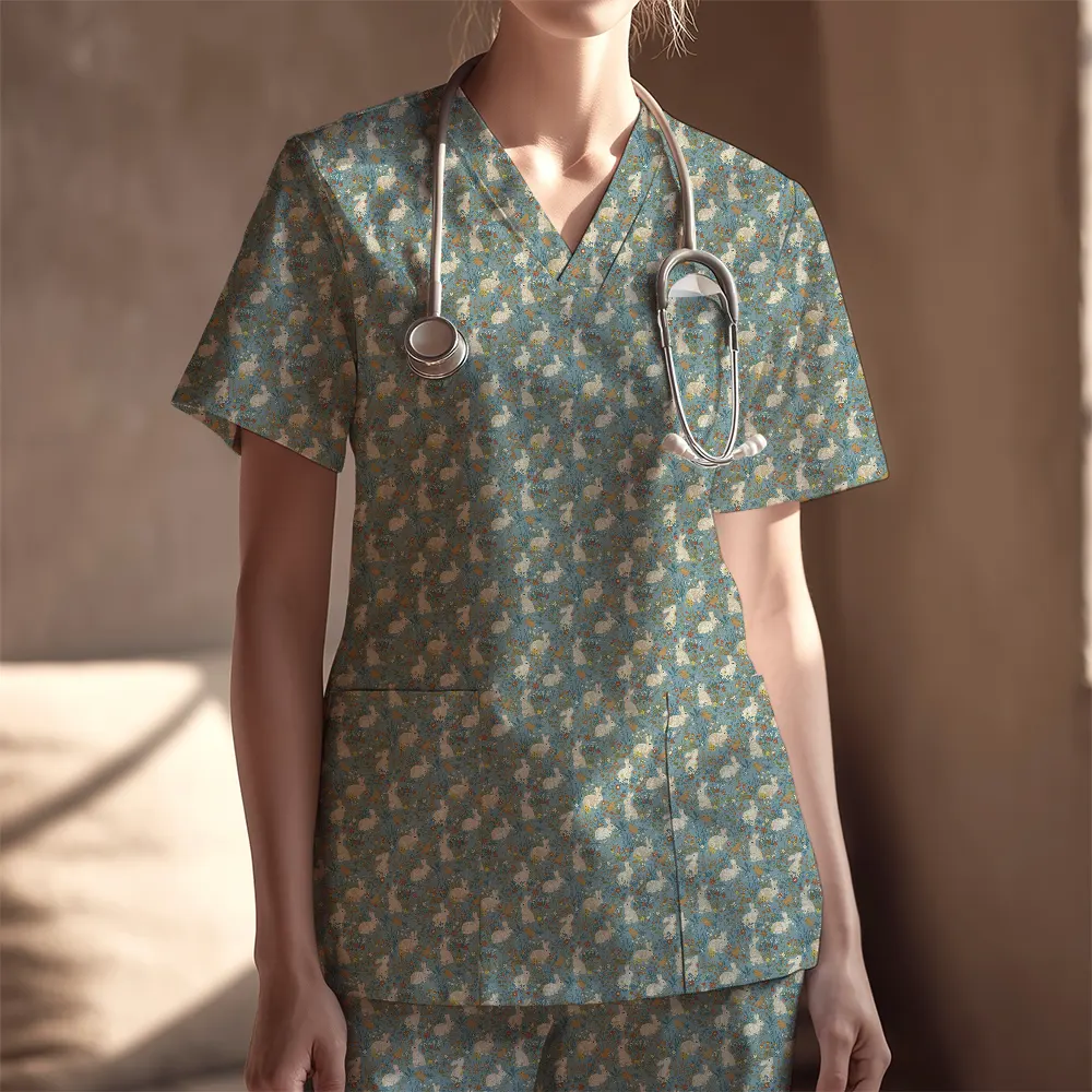 Women's Nurse Scrubs Set – Vintage White Bunny Blue Floral