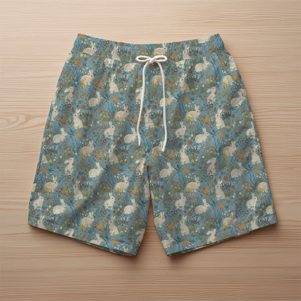 Beach Shorts – Vintage White Bunny Blue Floral