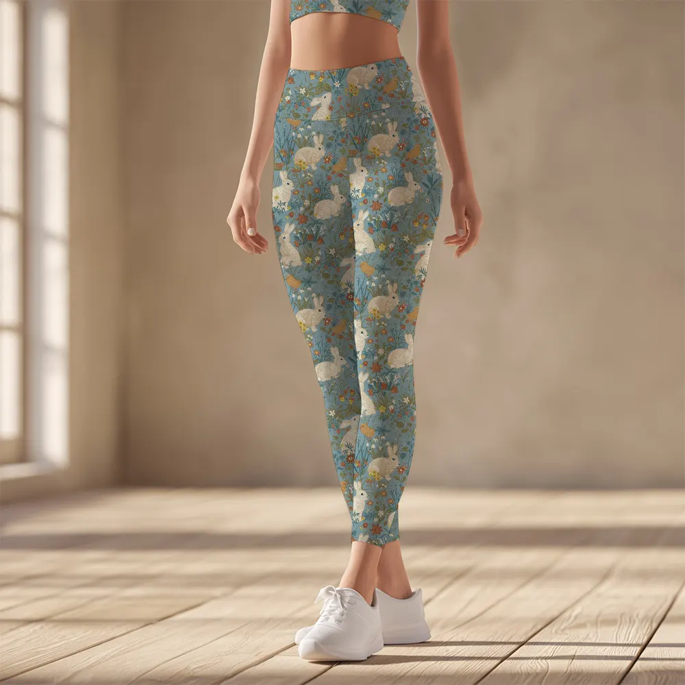 Women's Yoga Leggings – Vintage White Bunny Blue Floral