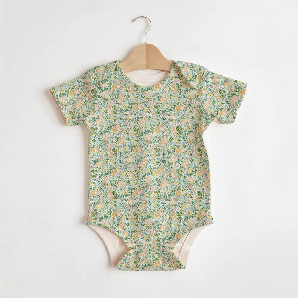 Summer Baby/Toddler Short-Sleeve Romper With Crotch Snaps – Vintage Bunny Chicken Pattern