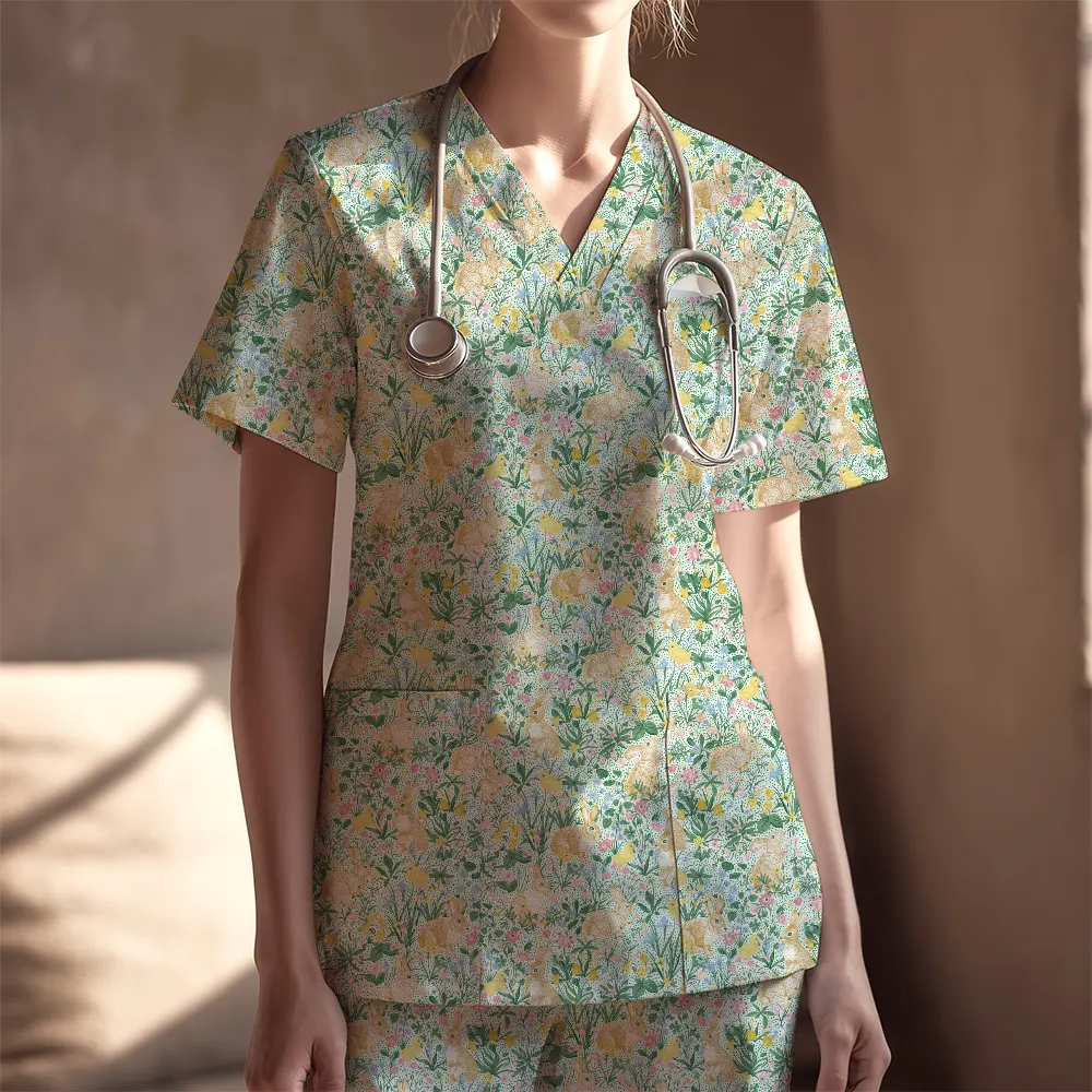 Women's Nurse Scrubs Set – Vintage Bunny Chicken Pattern