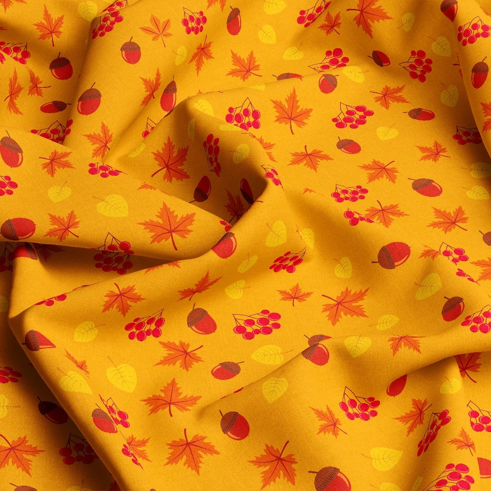 Yellow Autumn Leaves Acorns & Berries Pattern – Custom Print Fabrics
