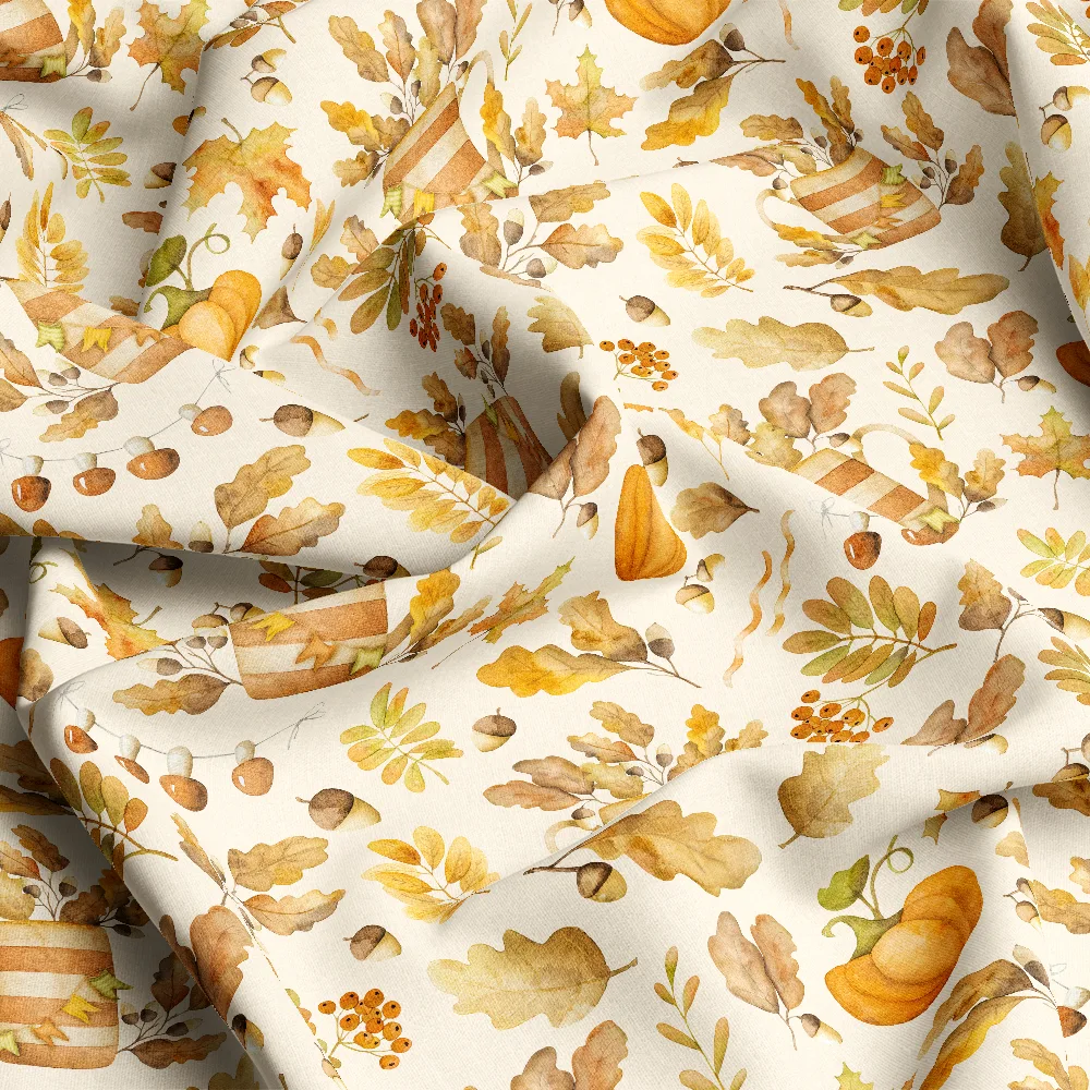 Watercolor Autumn Oak Maple Leaves & Pumpkin Pattern – Custom Print Fabrics