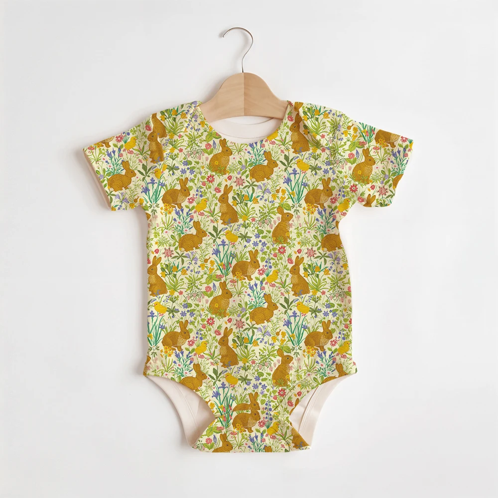 Summer Baby/Toddler Short-Sleeve Romper With Crotch Snaps – Vintage Meadow Flower and Bunny Pattern