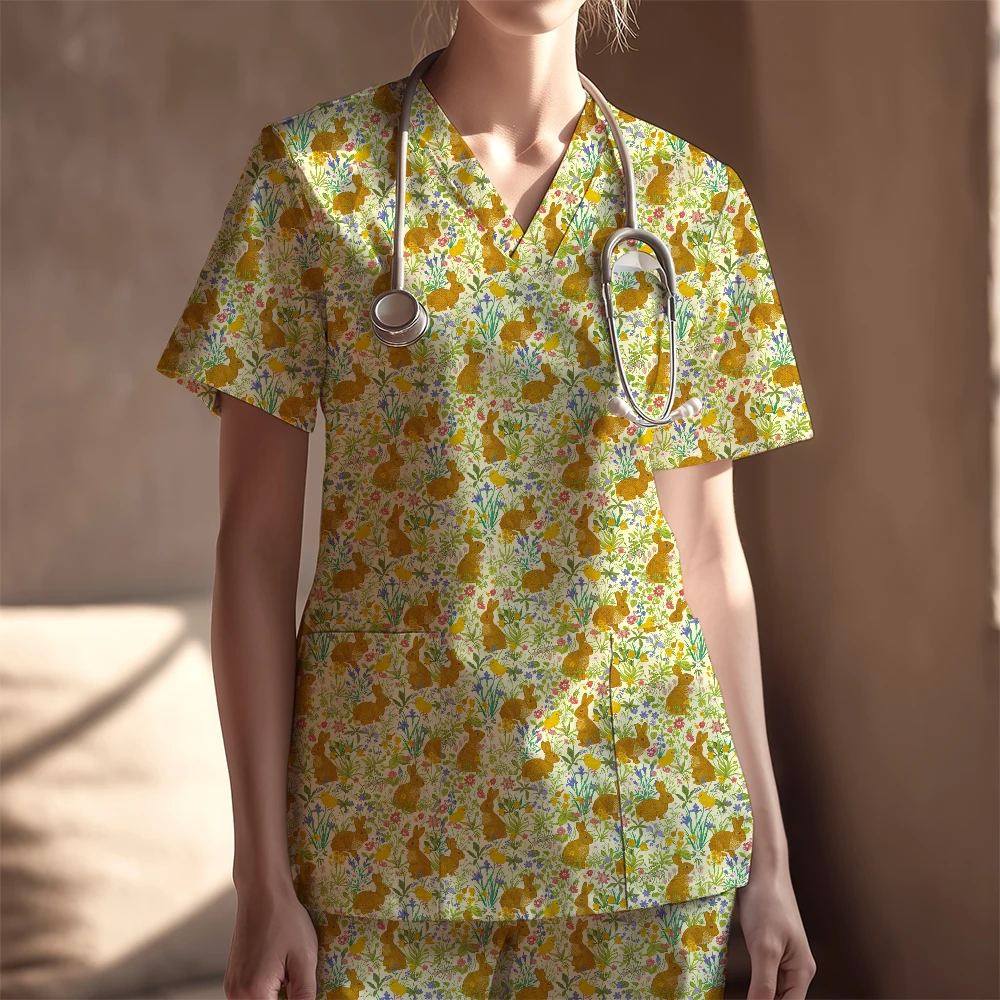 Women's Nurse Scrubs Set – Vintage Meadow Flower and Bunny Pattern