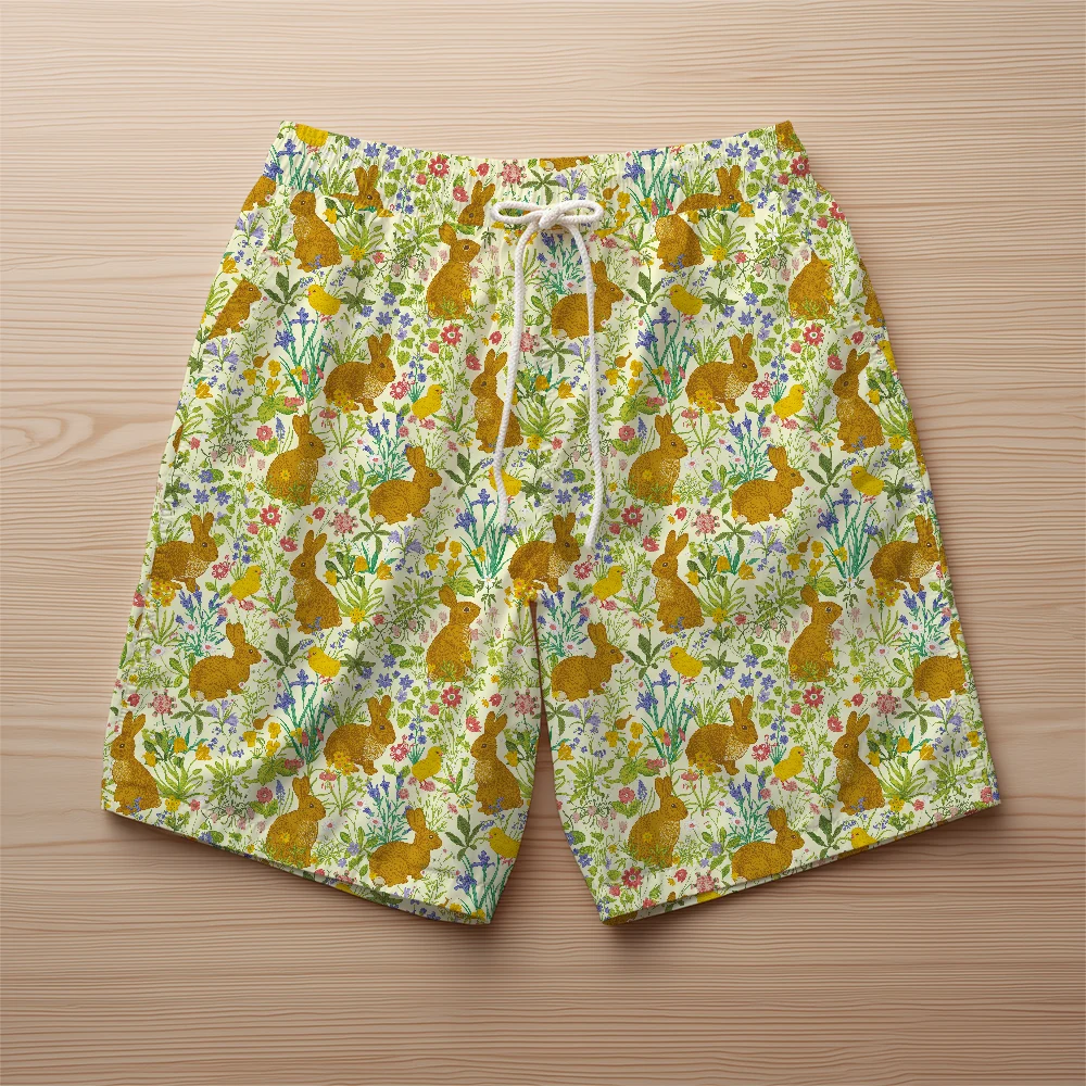 Beach Shorts – Vintage Meadow Flower and Bunny Pattern