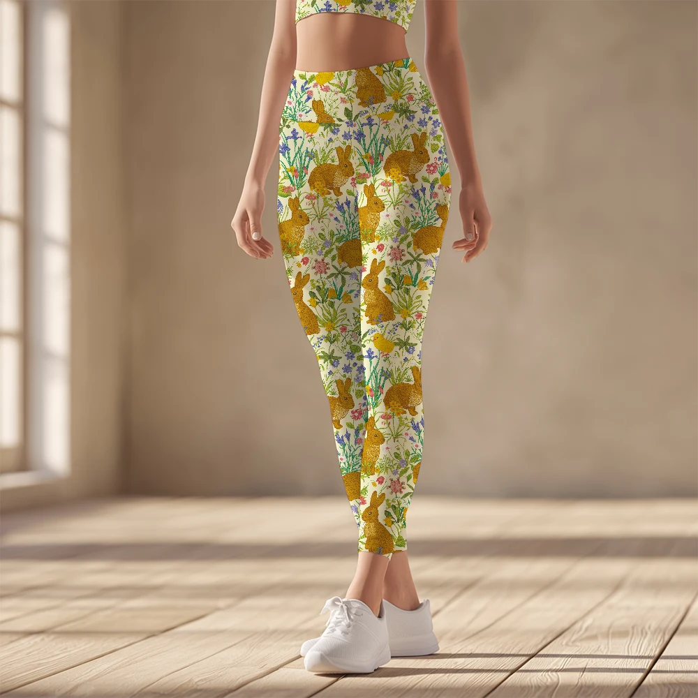 Women's Yoga Leggings – Vintage Meadow Flower and Bunny Pattern
