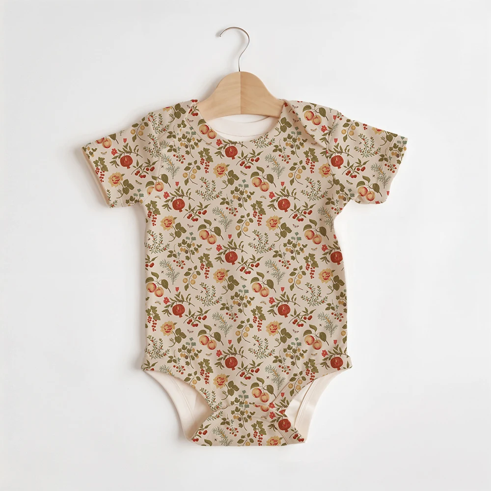 Summer Baby/Toddler Short-Sleeve Romper With Crotch Snaps – Autumn Fruit, Berry, and Floral Pattern