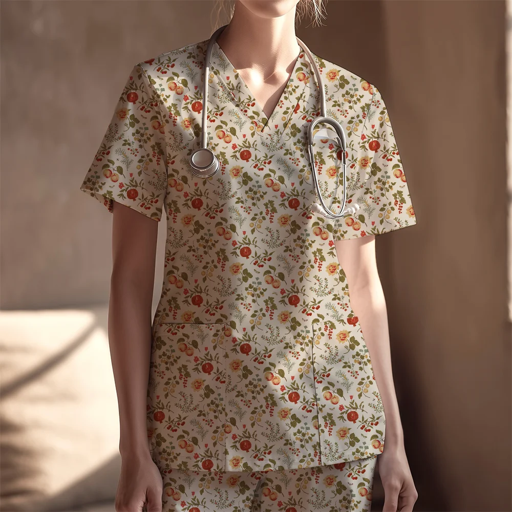Women's Nurse Scrubs Set – Autumn Fruit, Berry, and Floral Pattern