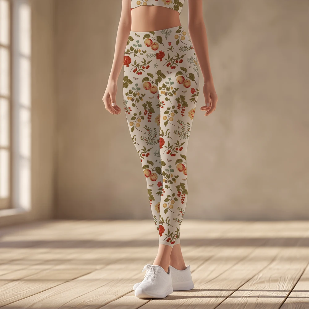 Women's Yoga Leggings – Autumn Fruit, Berry, and Floral Pattern