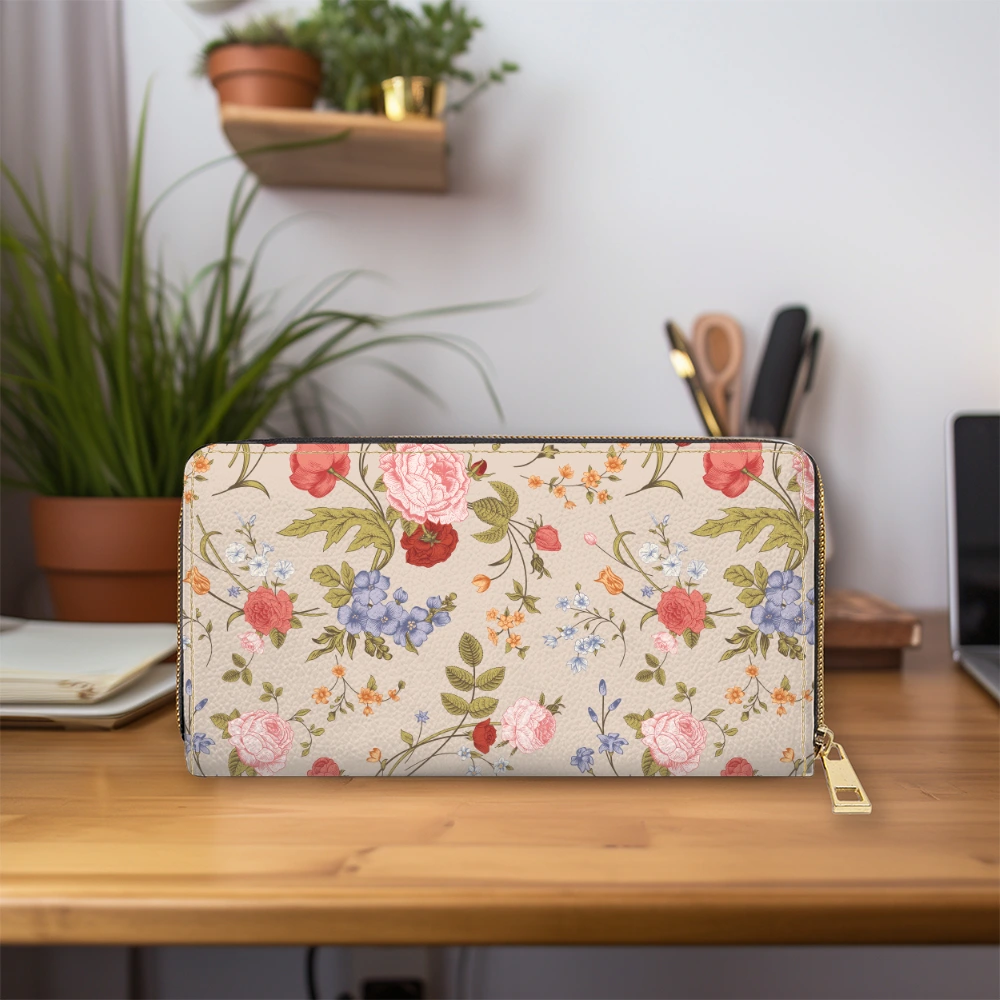 Zipper Long Clutch Wallet – Victorian Coral Rose Garden Flowers