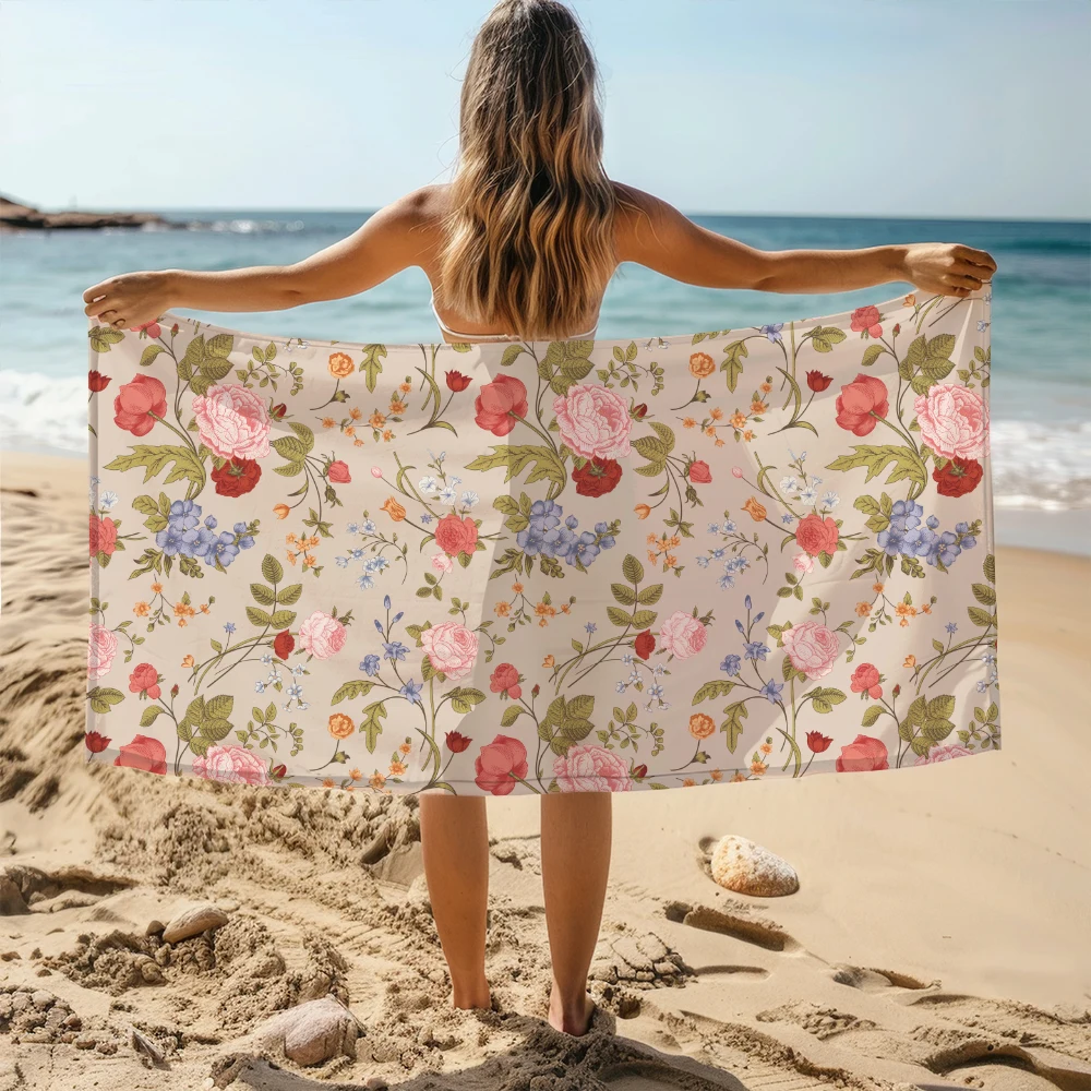 Beach Towel – Victorian Coral Rose Garden Flowers
