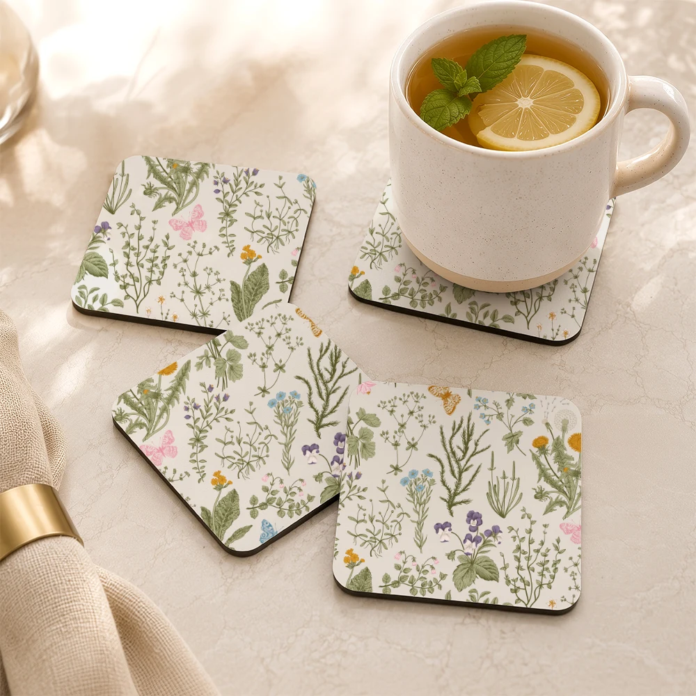PU Leather Coaster – Vintage Botanical Wildflowers & Herbs